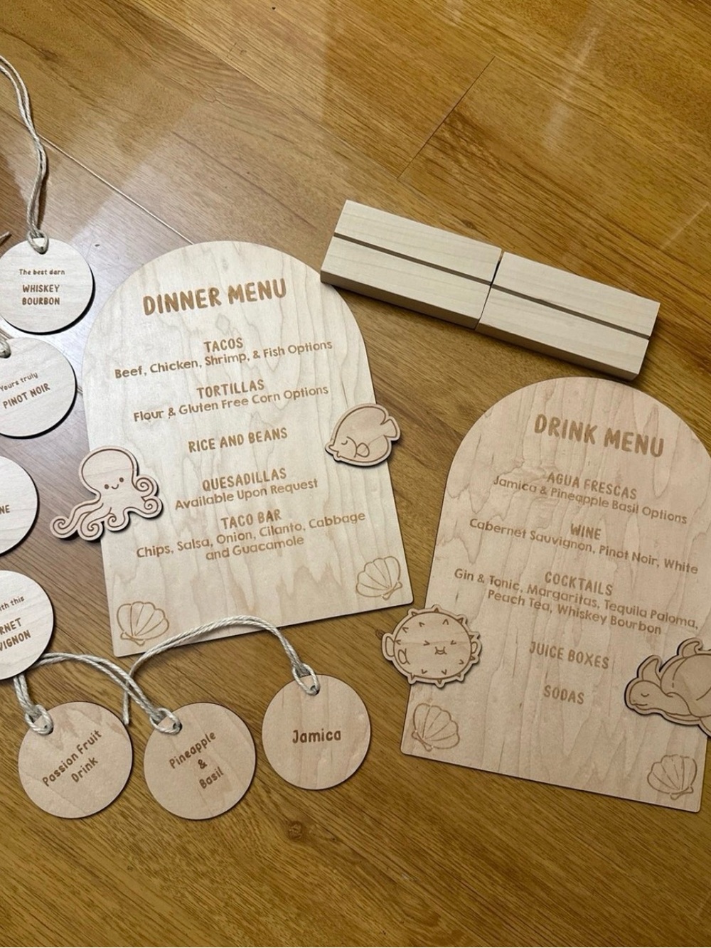 NWOT Wooden Menu Signs with Sea Creature Accents - Natural Wood